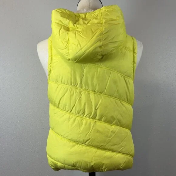 American Eagle Womens Yellow Puffer Vest Faux Fur Hooded Zip Pockets Size Small - Picture 2 of 16